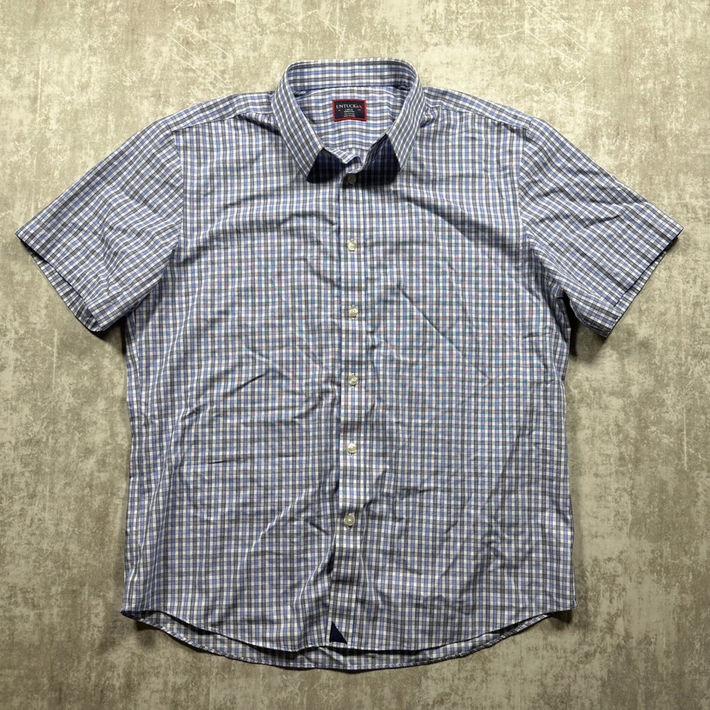 UNTUCKit Button Down Shirt Mens Large Blue Gingham Short Sleeve Wrinkle Free